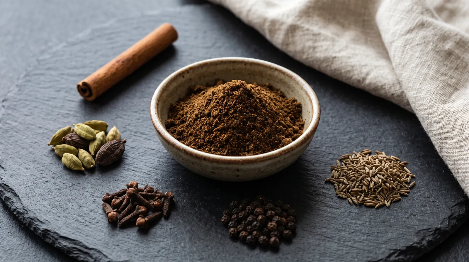 A bowl of garam masala surrounded by the whole spices it is ground from
